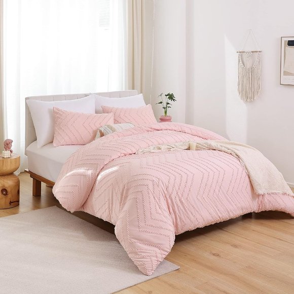 Chevron Tufted Texture Petal Pink Blush Twin Size Bed Comforter Set Bedding New - Picture 6 of 11